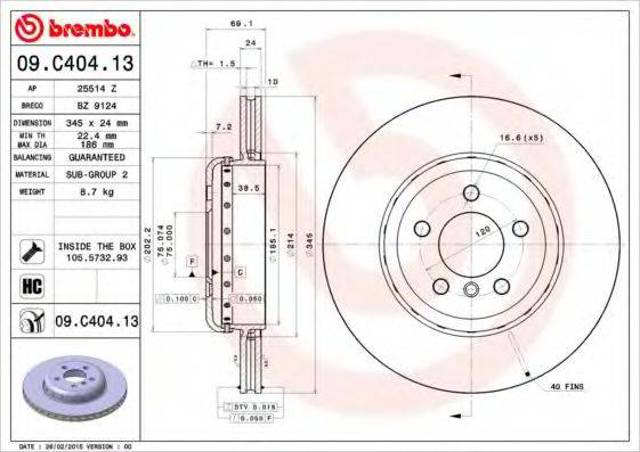 Задний тормозной диск 09C40413 BREMBO