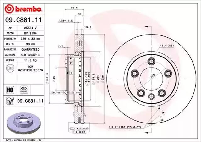 Диск тормозной передний 09C88111 BREMBO