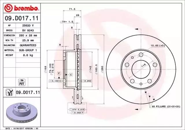 Диск тормозной передний 09D01711 BREMBO