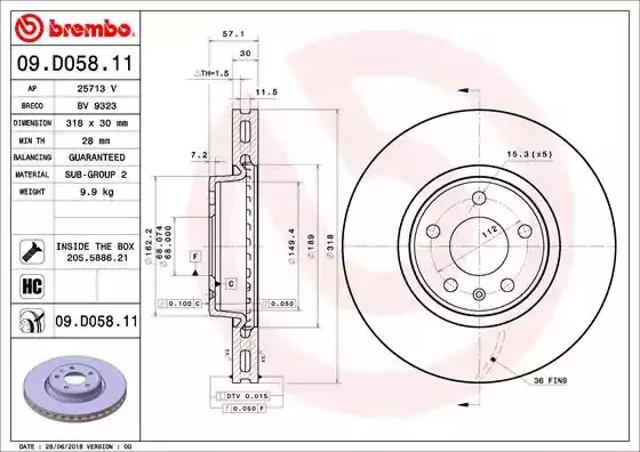 Диск тормозной передний 09D05811 BREMBO