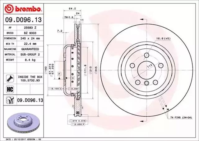 Задний тормозной диск 09D09613 BREMBO