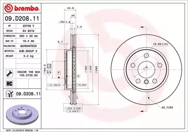 Передний тормозной диск 09D20811 BREMBO