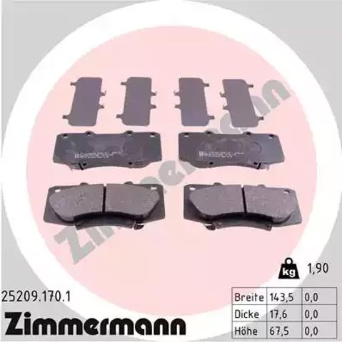 Колодки тормозные дисковые комплект 252091701 ZIMMERMANN