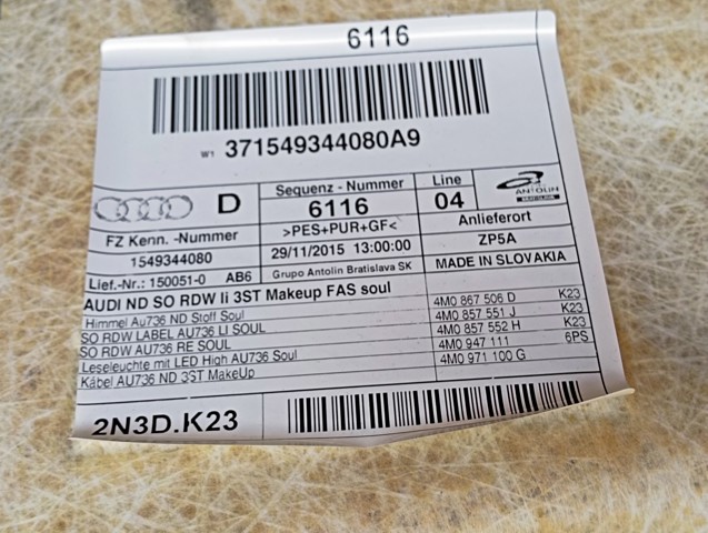 4M0867505HK23 VAG Обивка крыши (потолок) купить в Ужгород