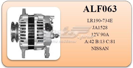 Генератор
alf063 (ja1528)
применяется в автомобилях:
nissan primera
коды производителей:
bosch 0986045651; 
cargo 112351
nissan 23100-2j600; 23100-2j601
hitachi lr190-734; lr190-734b; lr190-734c; lr190-734e ALF063