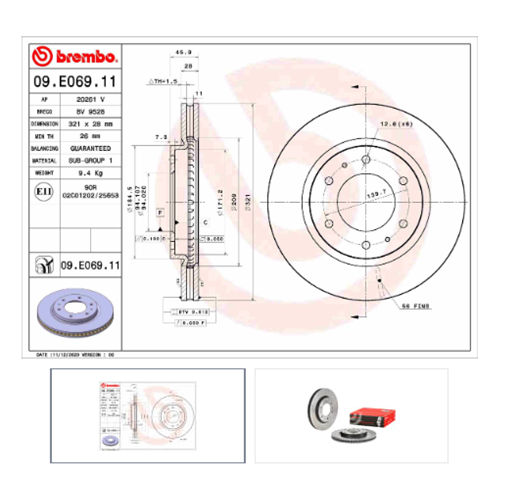 BREMBO 09E06911 Передние тормозные диски в наличии Павлоград