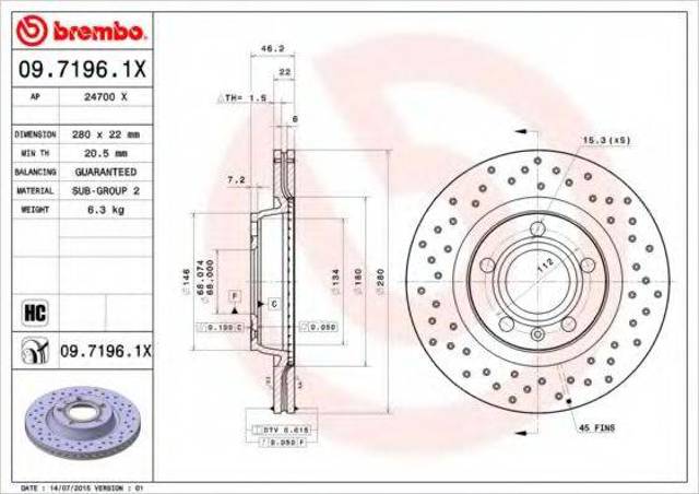 Передний тормозной диск 0971961X BREMBO