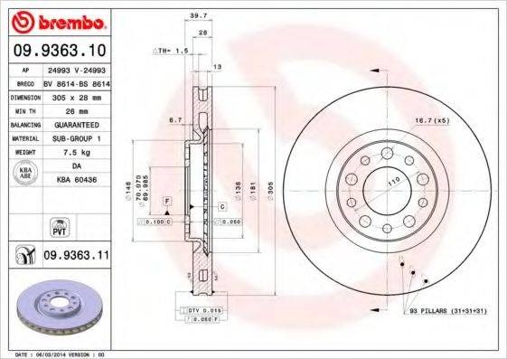Тормоз дисковый передний 09936311 BREMBO