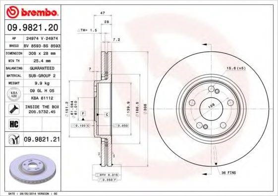 Диск тормозной передний 09982121 BREMBO