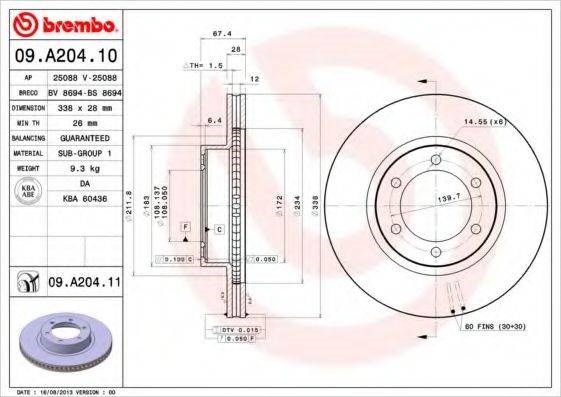 Передний тормозной диск 09A20411 BREMBO