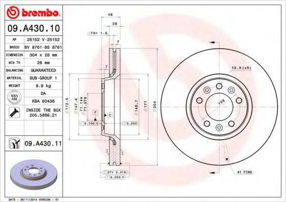 Тормоз дисковый передний 09A43010 BREMBO