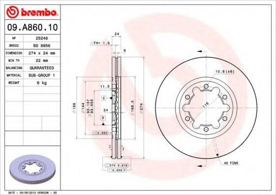 Передний тормозной диск 09A86010 BREMBO