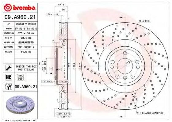 Диск тормозной передний 09A96021 BREMBO