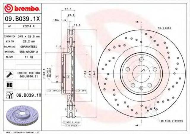 Диск тормозной передний 09B0391X BREMBO