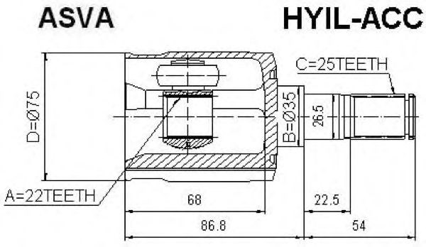 Шрус внутренний левый 22x35x25 (accent/verna 1999-) HYIL-ACC