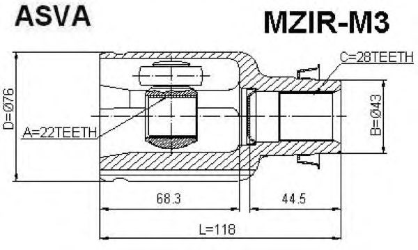 Шрус внутренний правый 22x43x28 (mazda 3 2003-2013) MZIR-M3