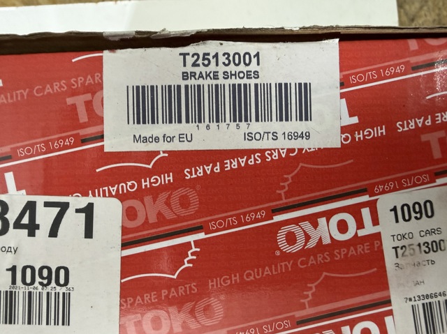 TOKO CARS T2513001 Задние барабанные колодки в наличии Каменское