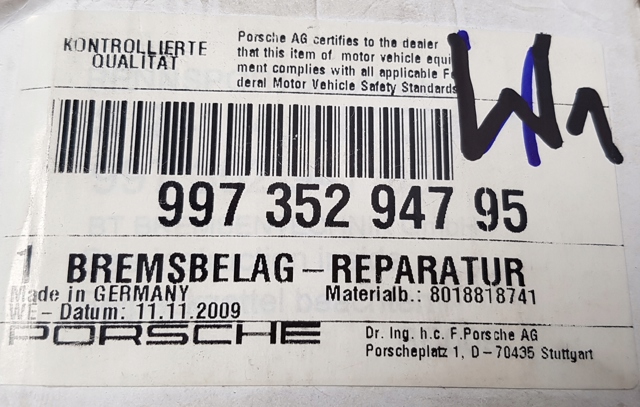 Колодки на тормоз задний дисковый 99735294795 PORSCHE