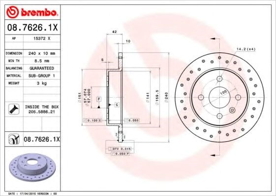 Задний дисковый тормоз 0876261X BREMBO