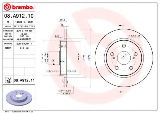 Диск тормозной задний 08A91210 BREMBO