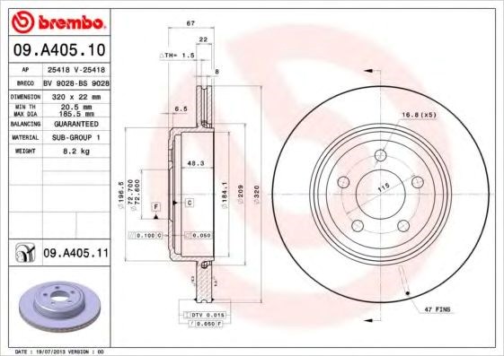 Диск тормозной передний 09A40511 BREMBO