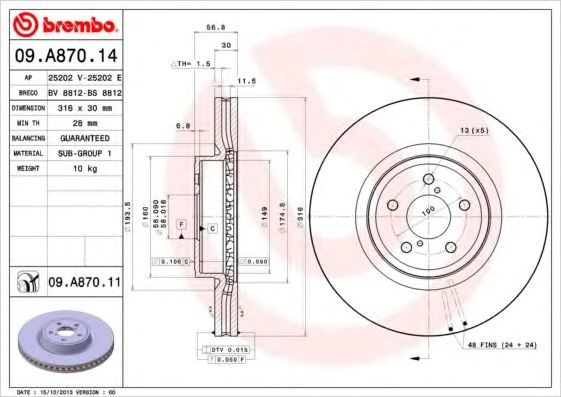 Передний тормозной диск 09A87014 BREMBO