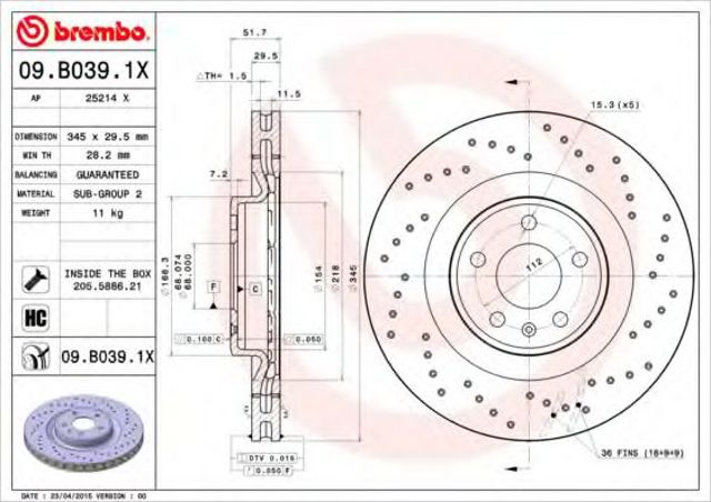 Тормоз дисковый передний 09B0391X BREMBO