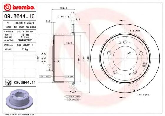 Задний тормозной диск 09B64411 BREMBO