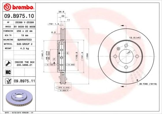 Передний тормозной диск 09B97511 BREMBO