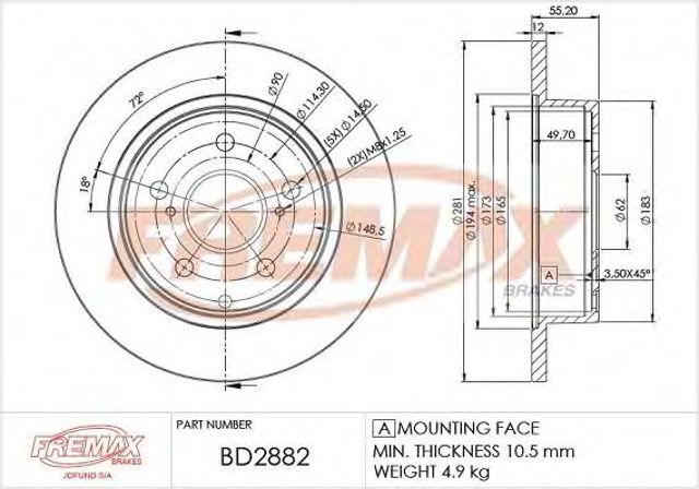 Задний тормозной диск BD2882 FREMAX