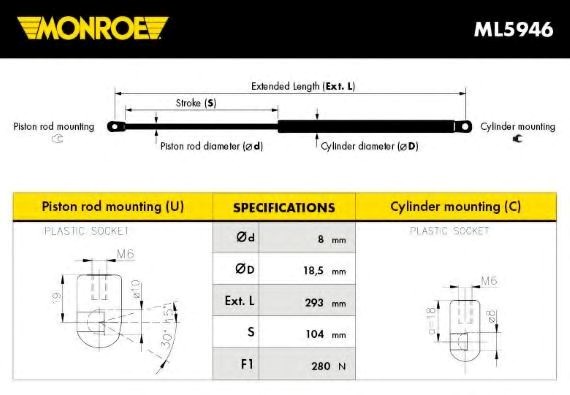 Monroe chrysler газовий амортизатор багажн.300 c 04- ML5946