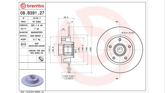Задний дисковый тормоз 08B39127 BREMBO