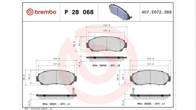 Колодки передние P28068 BREMBO