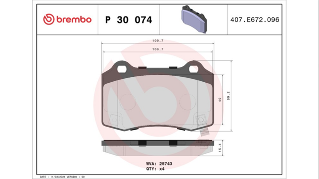 Комплект задних колодок P30074 BREMBO