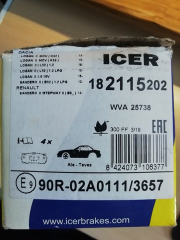 Передние тормозные колодки 182115202 ICER