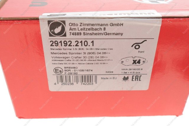 291922101 ZIMMERMANN Колодки тормозные передние дисковые купить в Винница