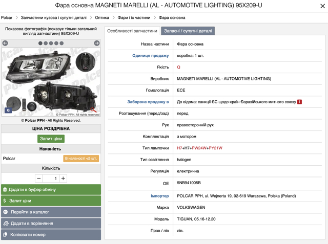 Фары 95X209U POLCAR