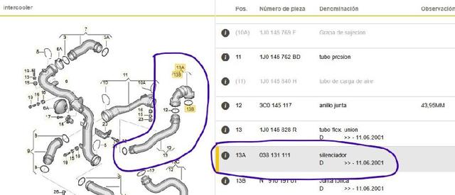 Mangueira (cano derivado) inferior de intercooler 038131111 VAG