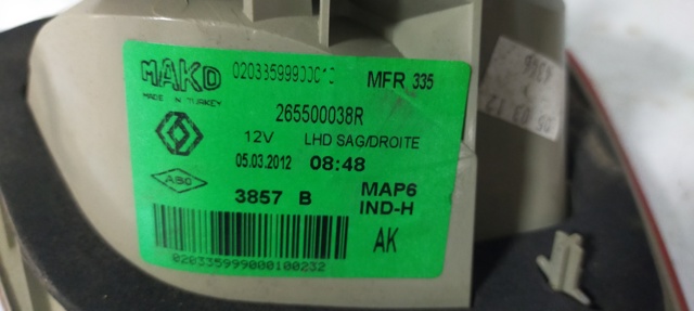 265500038R RENAULT Фонарь задний правый внутренний купить в Киев