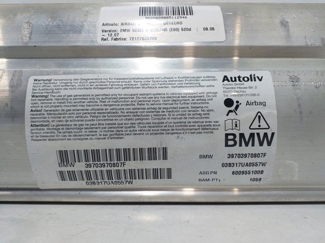 72127039708 BMW Подушка безопасности пассажира купить в Винница