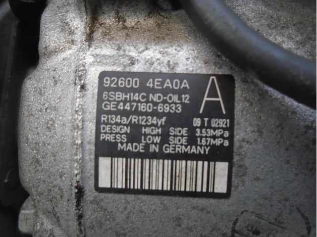 Compressor de ar condicionado para Nissan Qashqai II Off-Road, fechado 1.5 DCI K9KB410 926004EA0A