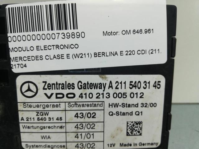 Módulo de conforto para Mercedes-Benz E-Class E 320 CDI (211.026) OM648961 A 211 540 31 45