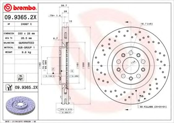Передний тормозной диск 0993652X BREMBO