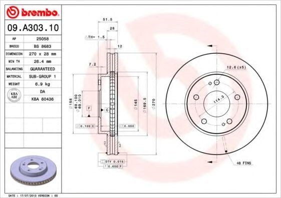 Передний тормозной диск 09A30310 BREMBO