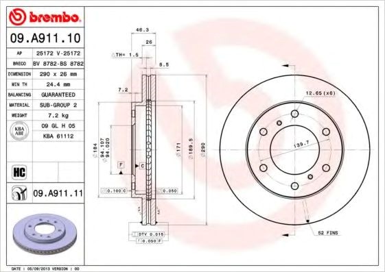 Тормоз дисковый передний 09A91110 BREMBO