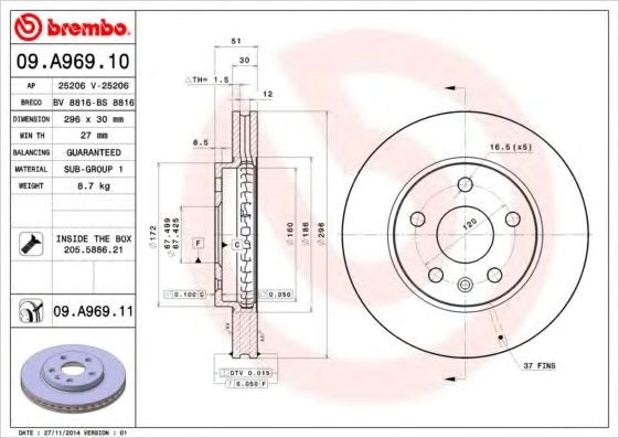 Передний тормозной диск 09A96910 BREMBO