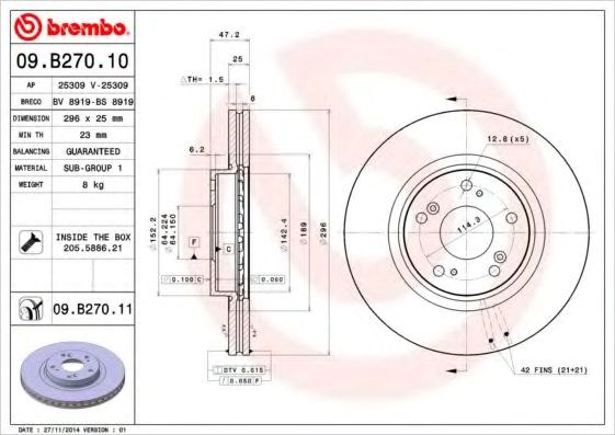Передний тормозной диск 09B27010 BREMBO