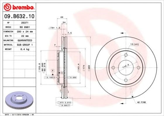 Диск тормозной передний 09B63210 BREMBO