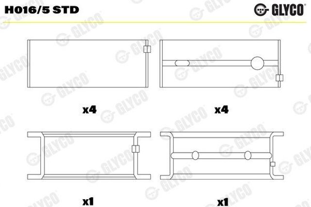 Вкладиші коленвала, корінні, комплект, стандарт (STD) H0165STD GLYCO