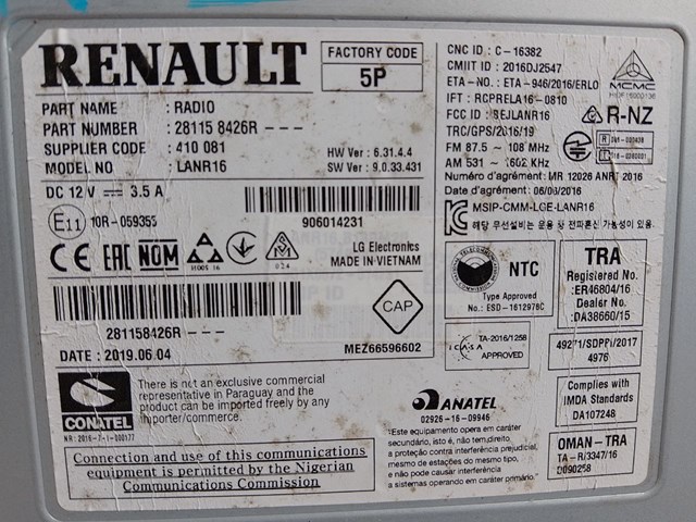 Магнитола (радио AM/FM) Renault (RVI) 281158426R цена, от 190.04 USD
